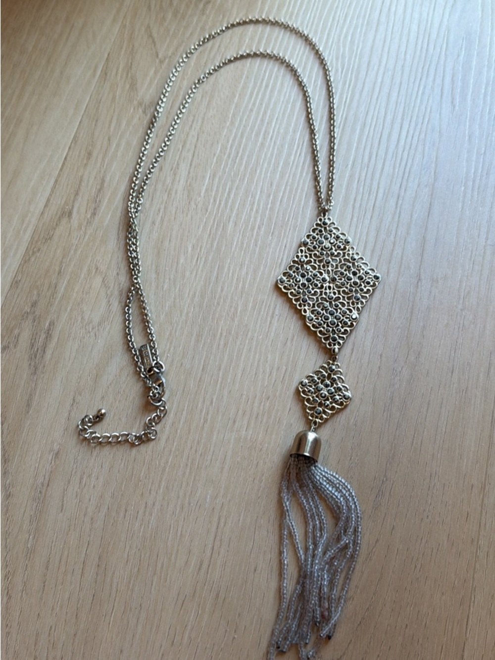 White House Black Market Gold Filigree Tassel Pendant Necklace